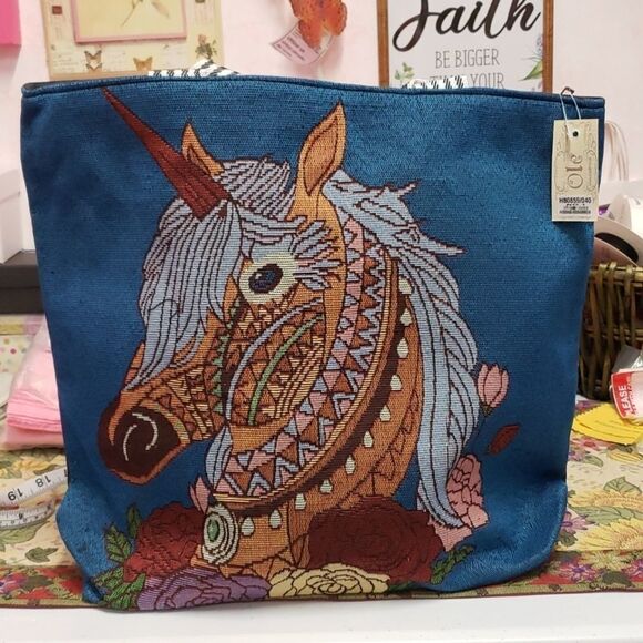 Bohemian Unicorn Embroidered stitched canvas bag NWT - Picture 1 of 10